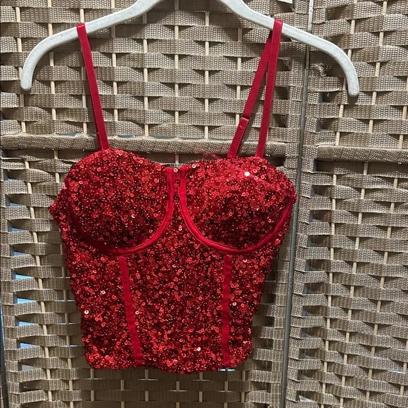 No Boundaries Red Sequin Bustier Crop Top - Picture 1 of 6